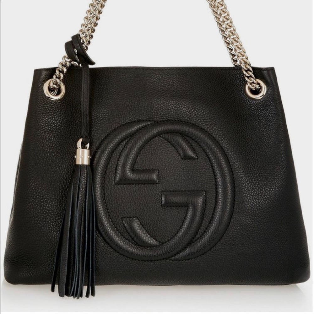 AUTHENTIC GUCCI BLACK LEATHER MEDIUM CHAIN SOHO TOTE
